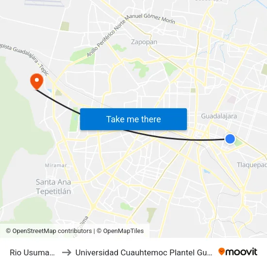 Rio Usumacinta to Universidad Cuauhtemoc Plantel Guadalajara map