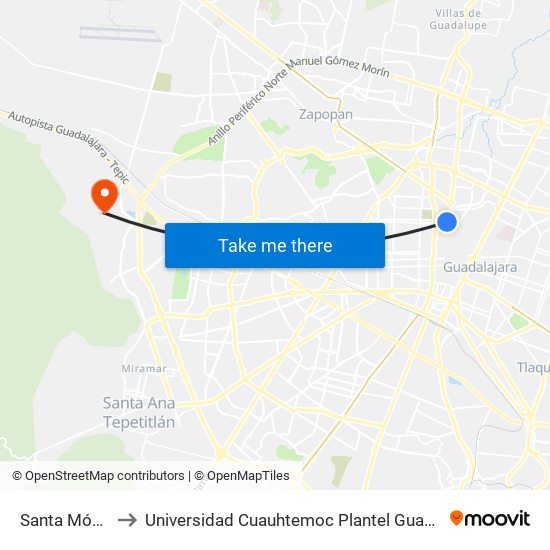 Santa Mónica to Universidad Cuauhtemoc Plantel Guadalajara map