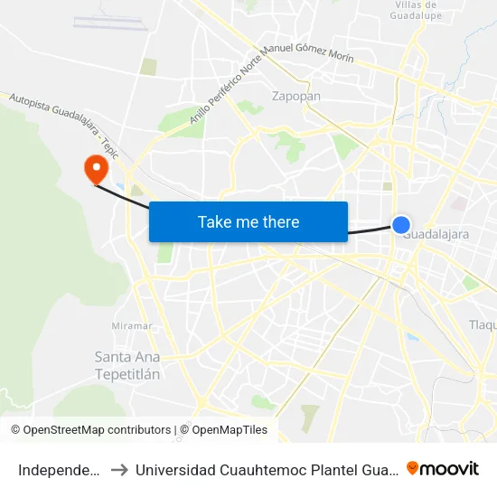 Independencia to Universidad Cuauhtemoc Plantel Guadalajara map