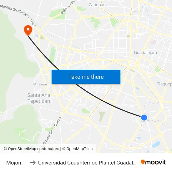 Mojonera to Universidad Cuauhtemoc Plantel Guadalajara map