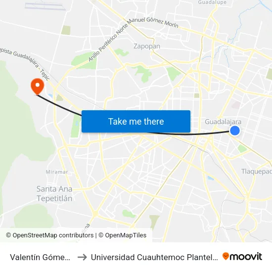 Valentín Gómez Farías to Universidad Cuauhtemoc Plantel Guadalajara map