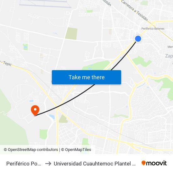 Periférico Poniente to Universidad Cuauhtemoc Plantel Guadalajara map