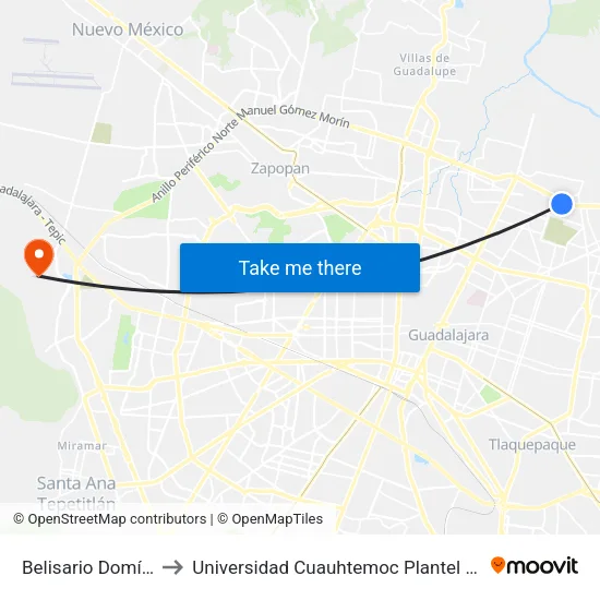Belisario Domínguez to Universidad Cuauhtemoc Plantel Guadalajara map