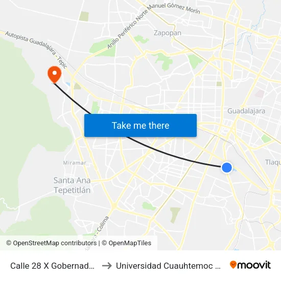 Calle 28 X Gobernador Luis G. Curiel to Universidad Cuauhtemoc Plantel Guadalajara map