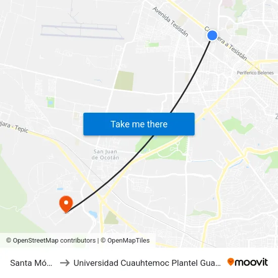 Santa Mónica to Universidad Cuauhtemoc Plantel Guadalajara map