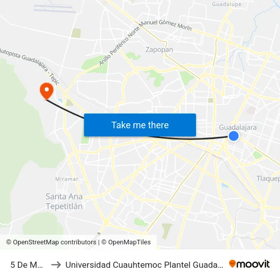 5 De Mayo to Universidad Cuauhtemoc Plantel Guadalajara map
