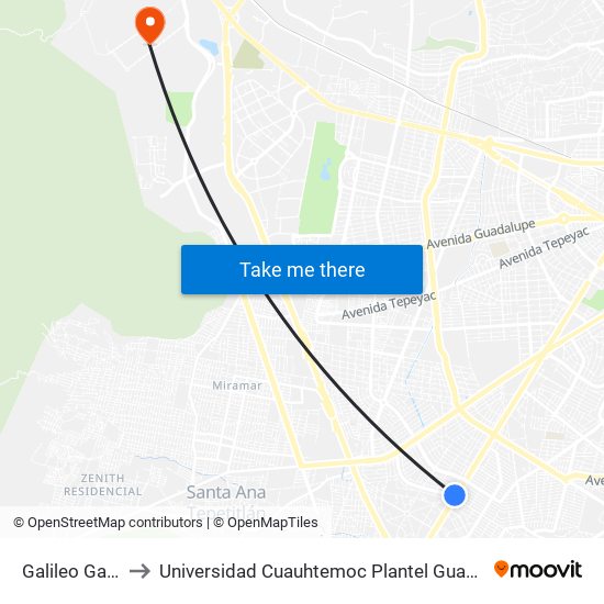 Galileo Galilei to Universidad Cuauhtemoc Plantel Guadalajara map