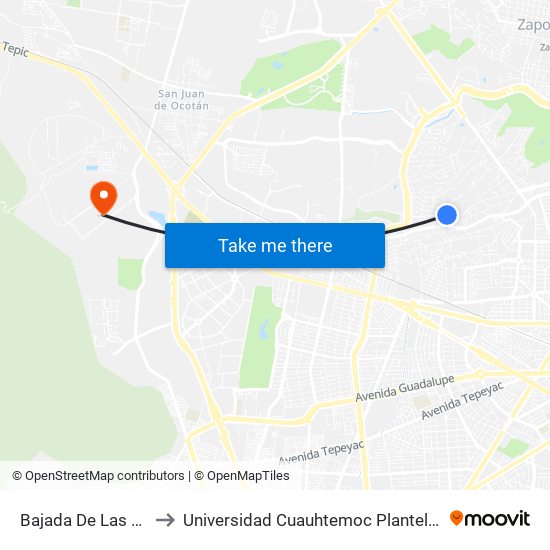 Bajada De Las Águilas to Universidad Cuauhtemoc Plantel Guadalajara map