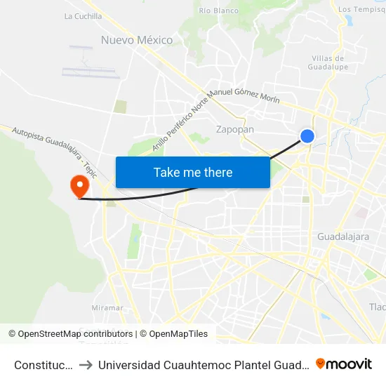 Constitución to Universidad Cuauhtemoc Plantel Guadalajara map