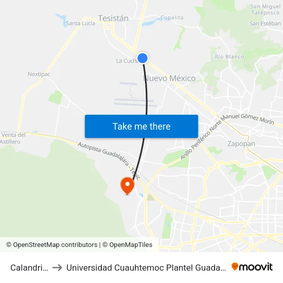 Calandrias to Universidad Cuauhtemoc Plantel Guadalajara map