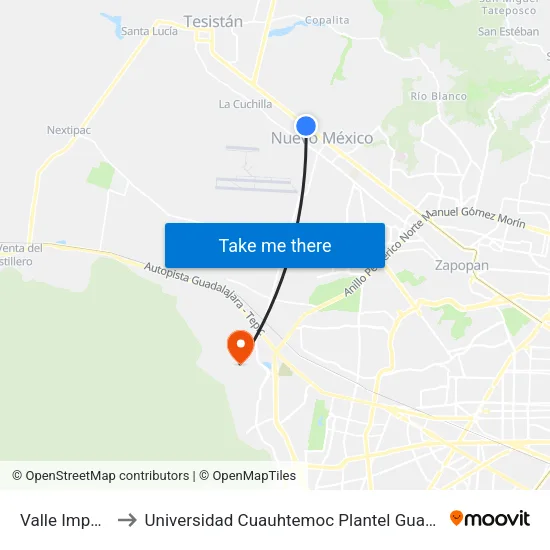 Valle Imperial to Universidad Cuauhtemoc Plantel Guadalajara map