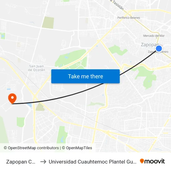 Zapopan Centro to Universidad Cuauhtemoc Plantel Guadalajara map