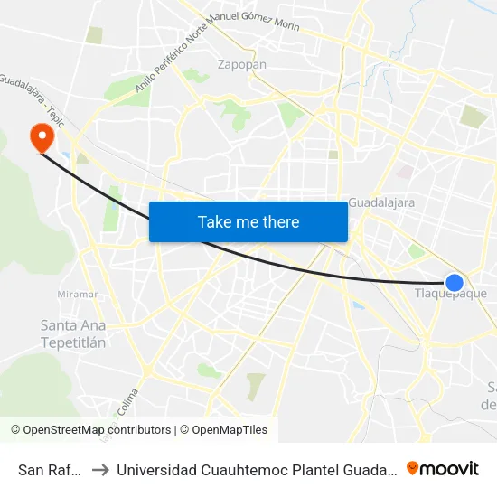 San Rafael to Universidad Cuauhtemoc Plantel Guadalajara map