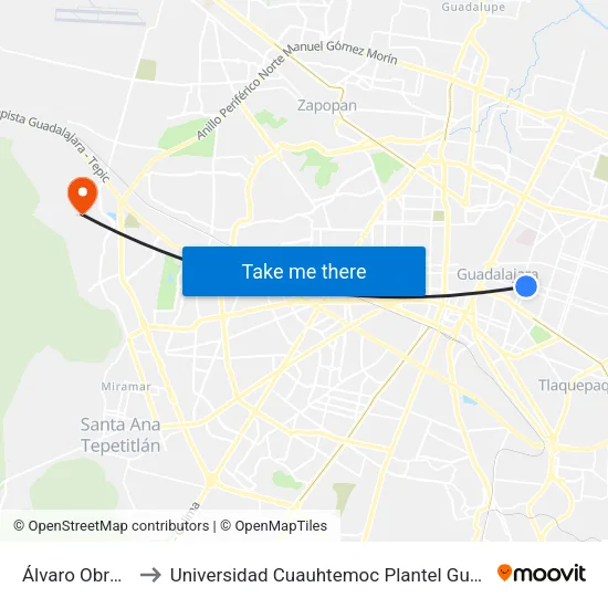 Álvaro Obregón to Universidad Cuauhtemoc Plantel Guadalajara map