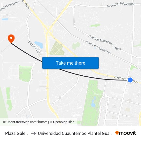 Plaza Galerías to Universidad Cuauhtemoc Plantel Guadalajara map