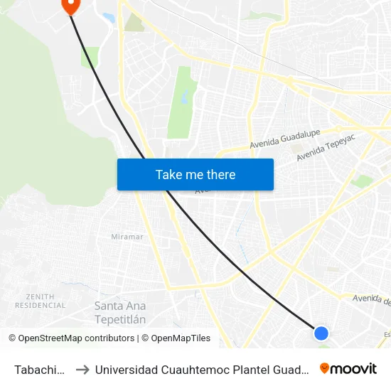 Tabachines to Universidad Cuauhtemoc Plantel Guadalajara map