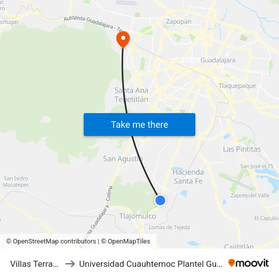 Villas Terranova to Universidad Cuauhtemoc Plantel Guadalajara map
