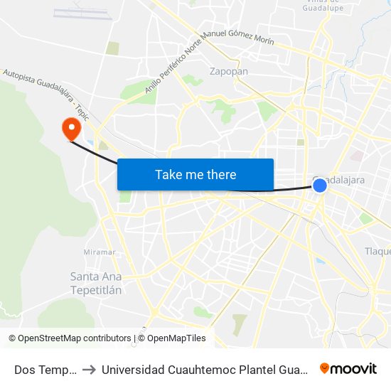 Dos Templos to Universidad Cuauhtemoc Plantel Guadalajara map