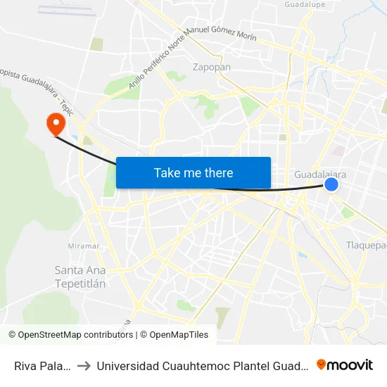 Riva Palacio to Universidad Cuauhtemoc Plantel Guadalajara map