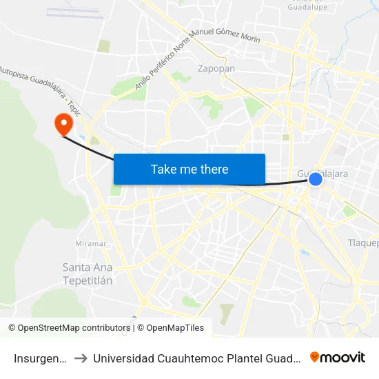Insurgentes to Universidad Cuauhtemoc Plantel Guadalajara map