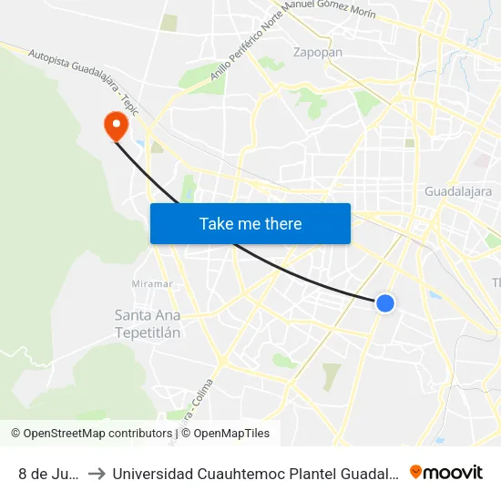 8 de Julio to Universidad Cuauhtemoc Plantel Guadalajara map