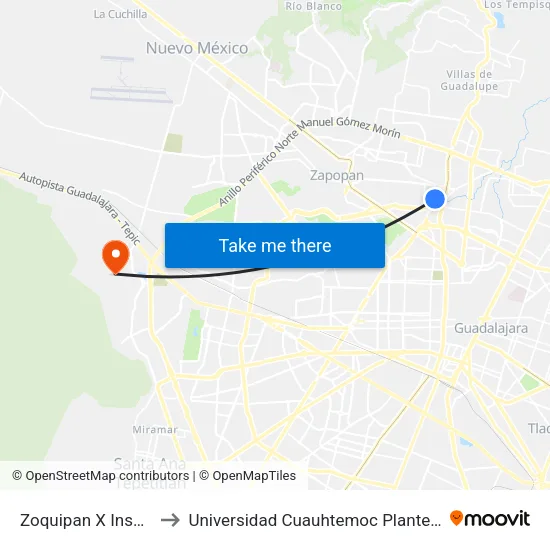 Zoquipan X Insurgentes to Universidad Cuauhtemoc Plantel Guadalajara map