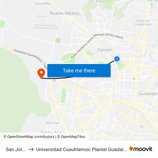 San Jorge to Universidad Cuauhtemoc Plantel Guadalajara map