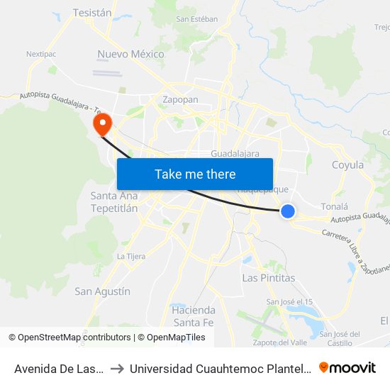 Av. de las Torres to Universidad Cuauhtemoc Plantel Guadalajara map