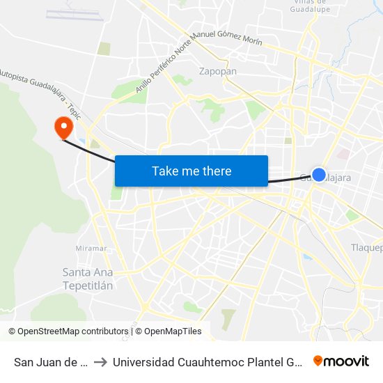 San Juan de Dios to Universidad Cuauhtemoc Plantel Guadalajara map