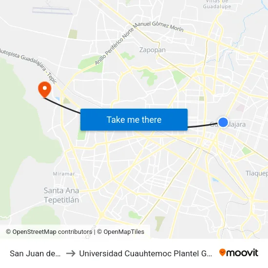San Juan de Dios to Universidad Cuauhtemoc Plantel Guadalajara map