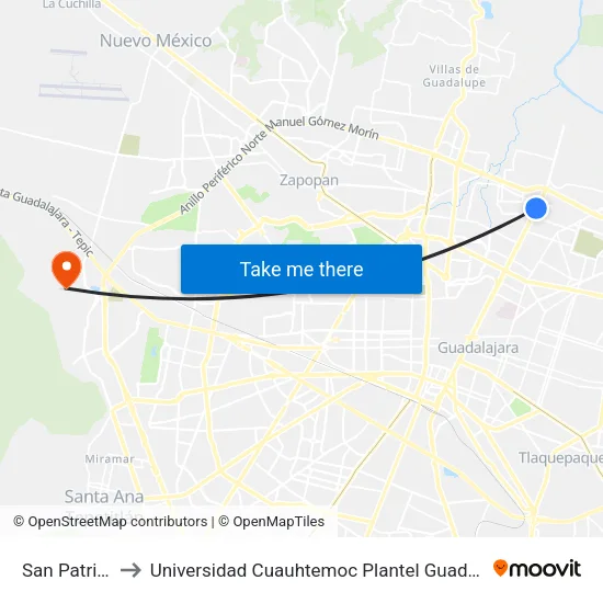 San Patricio to Universidad Cuauhtemoc Plantel Guadalajara map