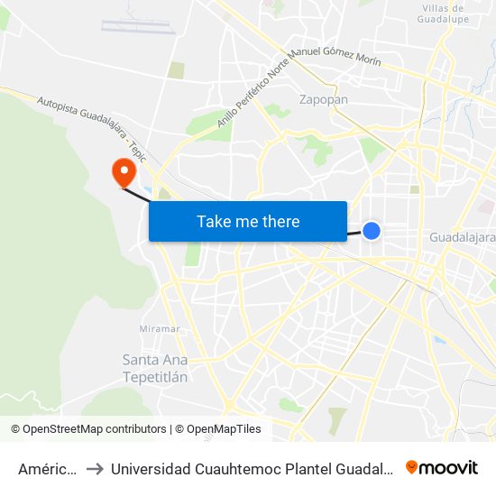 Américas to Universidad Cuauhtemoc Plantel Guadalajara map