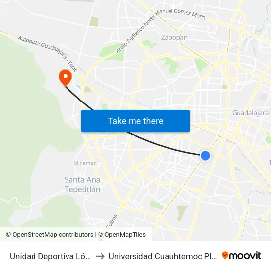 Unidad Deportiva López Mateos 1 to Universidad Cuauhtemoc Plantel Guadalajara map