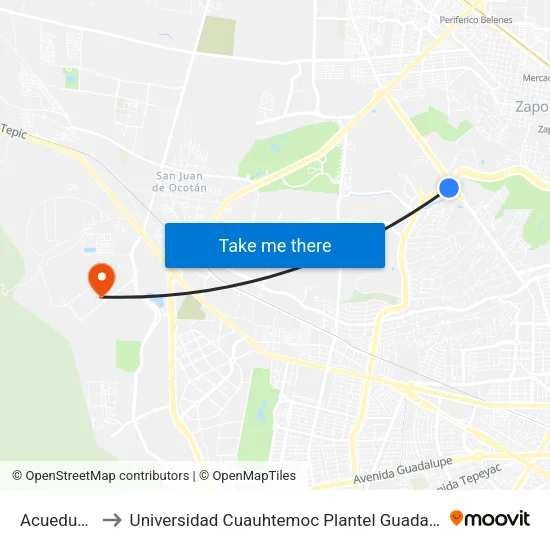 Acueducto to Universidad Cuauhtemoc Plantel Guadalajara map