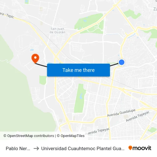 Pablo Neruda to Universidad Cuauhtemoc Plantel Guadalajara map