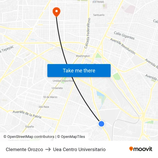Clemente Orozco to Uea Centro Universitario map