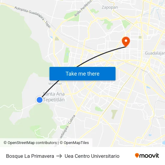 Bosque La Primavera to Uea Centro Universitario map
