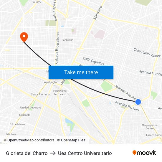 Glorieta del Charro to Uea Centro Universitario map