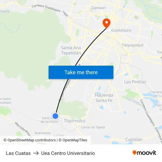 Las Cuatas to Uea Centro Universitario map