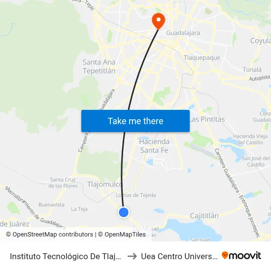 Instituto Tecnológico De Tlajomulco to Uea Centro Universitario map