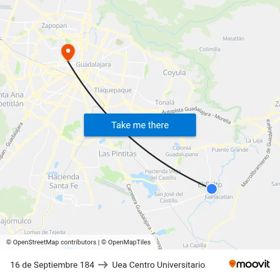 16 de Septiembre 184 to Uea Centro Universitario map