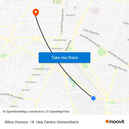 Altos Hornos to Uea Centro Universitario map