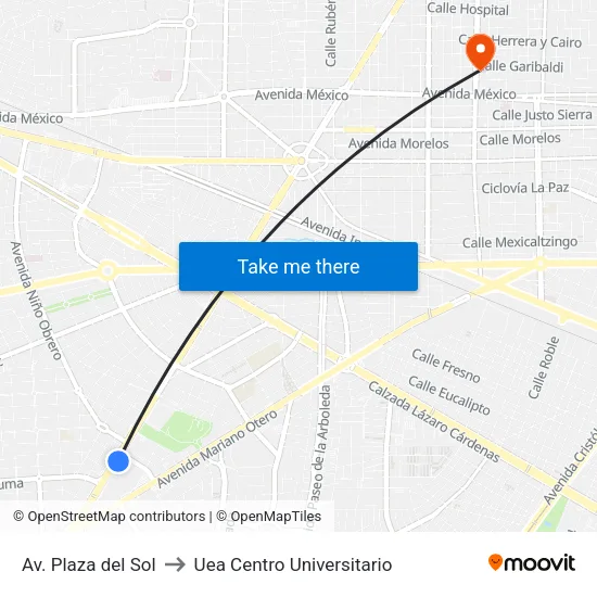 Av. Plaza del Sol to Uea Centro Universitario map
