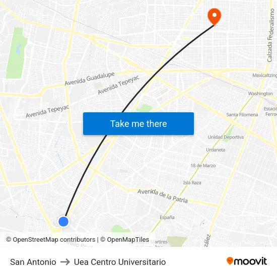 San Antonio to Uea Centro Universitario map