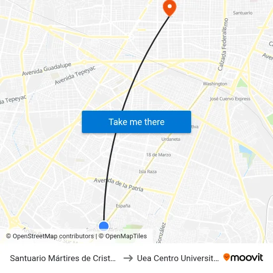 Santuario Mártires de Cristo Rey to Uea Centro Universitario map
