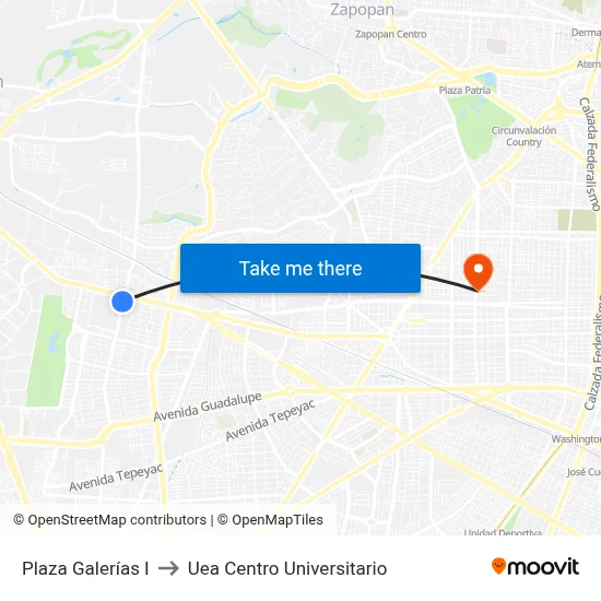 Plaza Galerías I to Uea Centro Universitario map