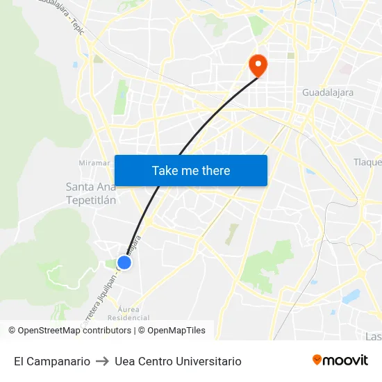 El Campanario to Uea Centro Universitario map