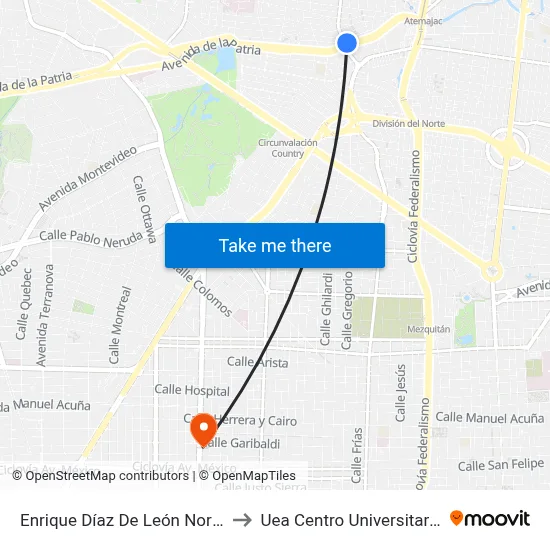 Enrique Díaz De León Norte to Uea Centro Universitario map