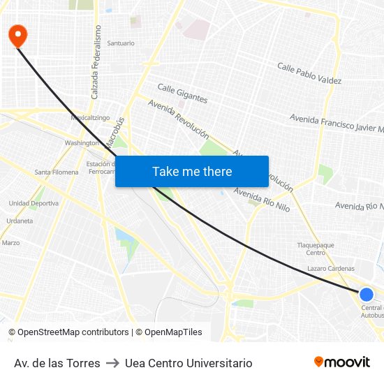 Av. de las Torres to Uea Centro Universitario map