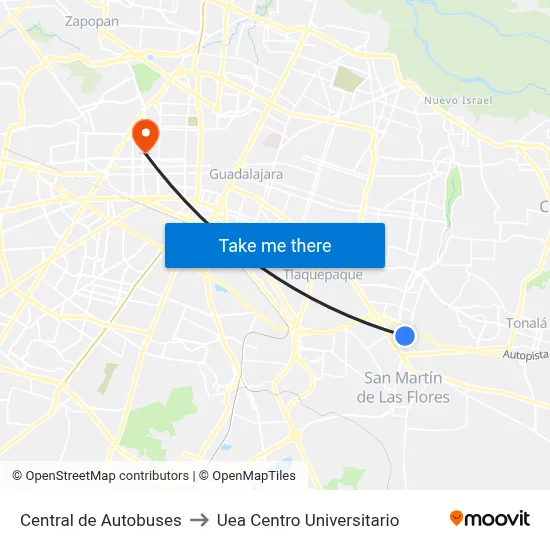 Central de Autobuses to Uea Centro Universitario map